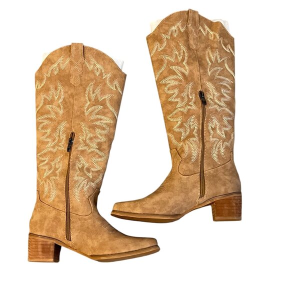 Cowboy Block Faux Suede Brown Heel Stitch Detail Pull on Western Boots Size: 6 - Picture 3 of 9